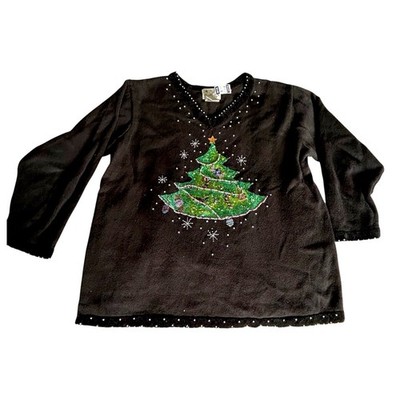 Quacker Factory Vintage 90s Christmas Tree Holiday Sweater 1X Sequins Beaded