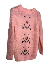 RIVE DROITE Sweater M L Knit Floral Crochet Pink Vtg Cottage Core Grandma Core