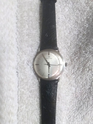 1960s Hamilton Wind Up Watch Men Silver Dial Stainless Case Leather Band Working