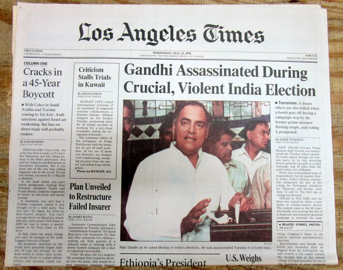 1991 newspaper ASSASSINATION of RAJIV GANDHI , a past PRIME ...