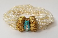 Freshwater multi-strand Bracelet, 18K Gold, Diamond and Turquoise clasp