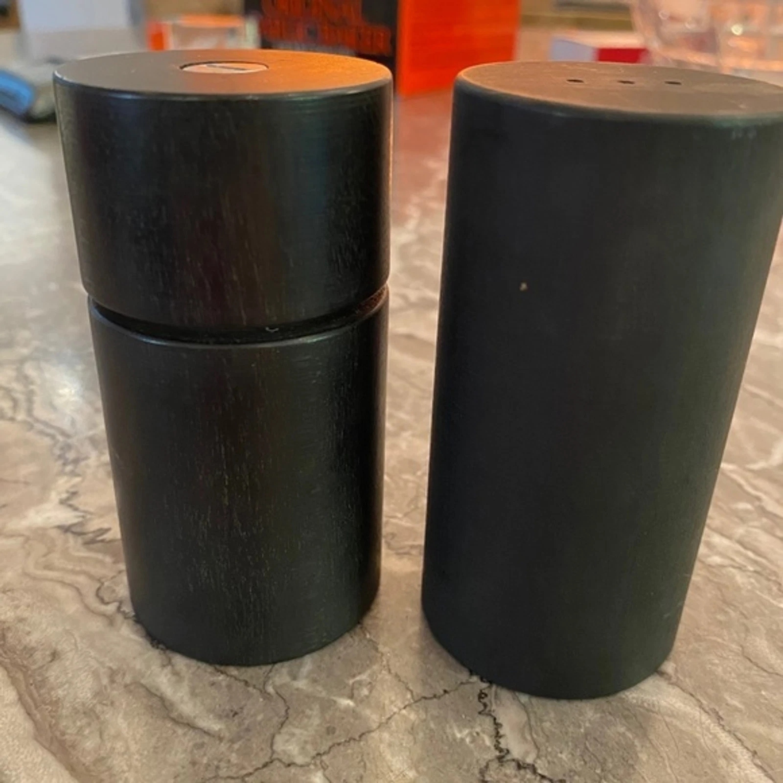 Vintage Danish Modern Salt Shaker and Pepper Grinder Black Wood Cylinders
