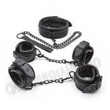 Black Leather Neck Collar Ankle Hand Cuffs Spreader Bar Set Bondage Restraints