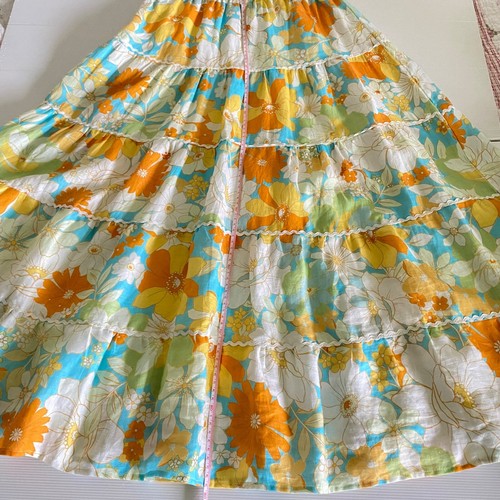 AERE Womens Maxi Skirt Size 8 Floral Orange Blue Linen Tiered Boho Ric Rac Trim - Picture 14 of 15