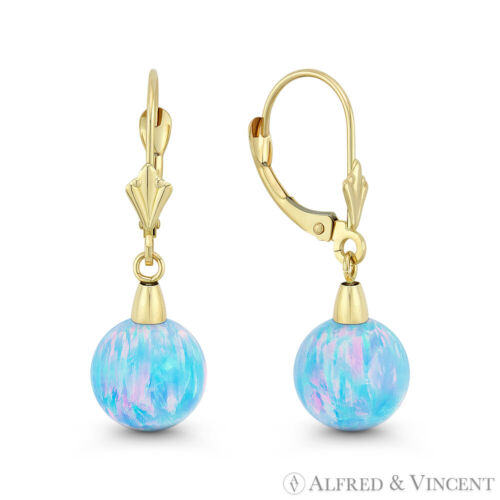 Azure Blue Lab-erstellte Opalkugel 14k Gelbgold Hebel Tropfen hängende Ohrringe - Bild 6 von 7