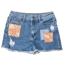 So Juniors High-Rise Shortie Jean Shorts Size 7/28W Distressed Stretch w/Patches