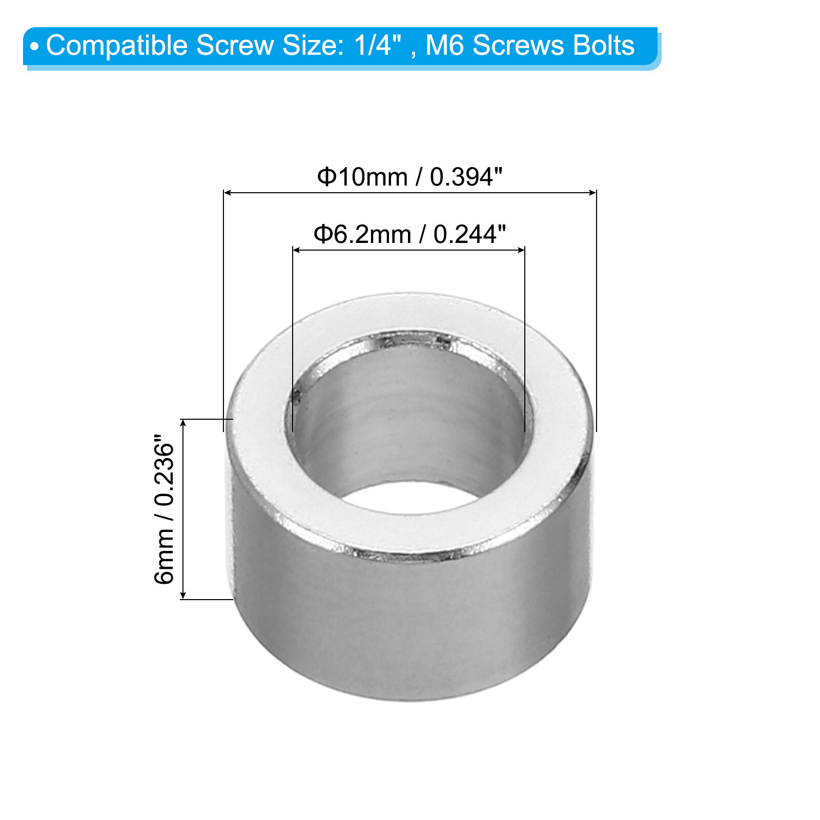 Manicotto Distanziatore In Alluminio Per M6 (10 Pezzi), Diametro Esterno: 20 Mm; Diametro Interno: 6,6 Mm; Lunghezza: 5 Mm, Distanziatore, Distanziatore, Distanziatore, Manicotto In Alluminio - Foto 2