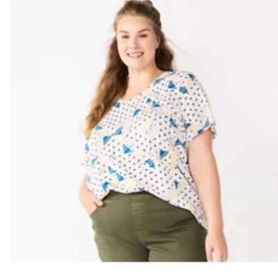 Sonoma Everyday Tee Short Sleeves V Neck 1X Women Plus Size Ivory Quilt