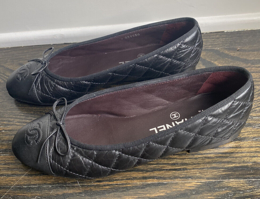 Chanel Black Quilted Leather CC Logo Classic Cap Toe Ballet
