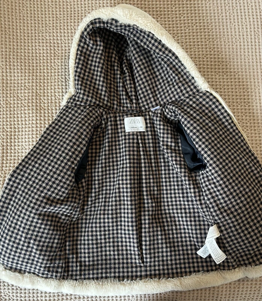Zara Girl Faux Fur Hooded Jacket With Gingham Lining Size 4-5 Years - Image 2 of 4