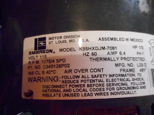 EMERSON K55HXDJM-7081 Blower Motor 1/3HP 1075RPM/4SPD D340126P02