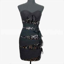 Mori Lee Dress Womens 2 Black Strapless Sequins Chiffon Shirred Bow Bodycon Mini