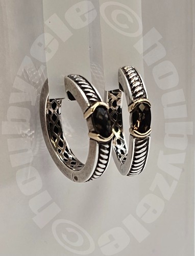 Italian Designer Sterling and Gold Smokey Quartz Hoop Earrings - Picture 2 of 10