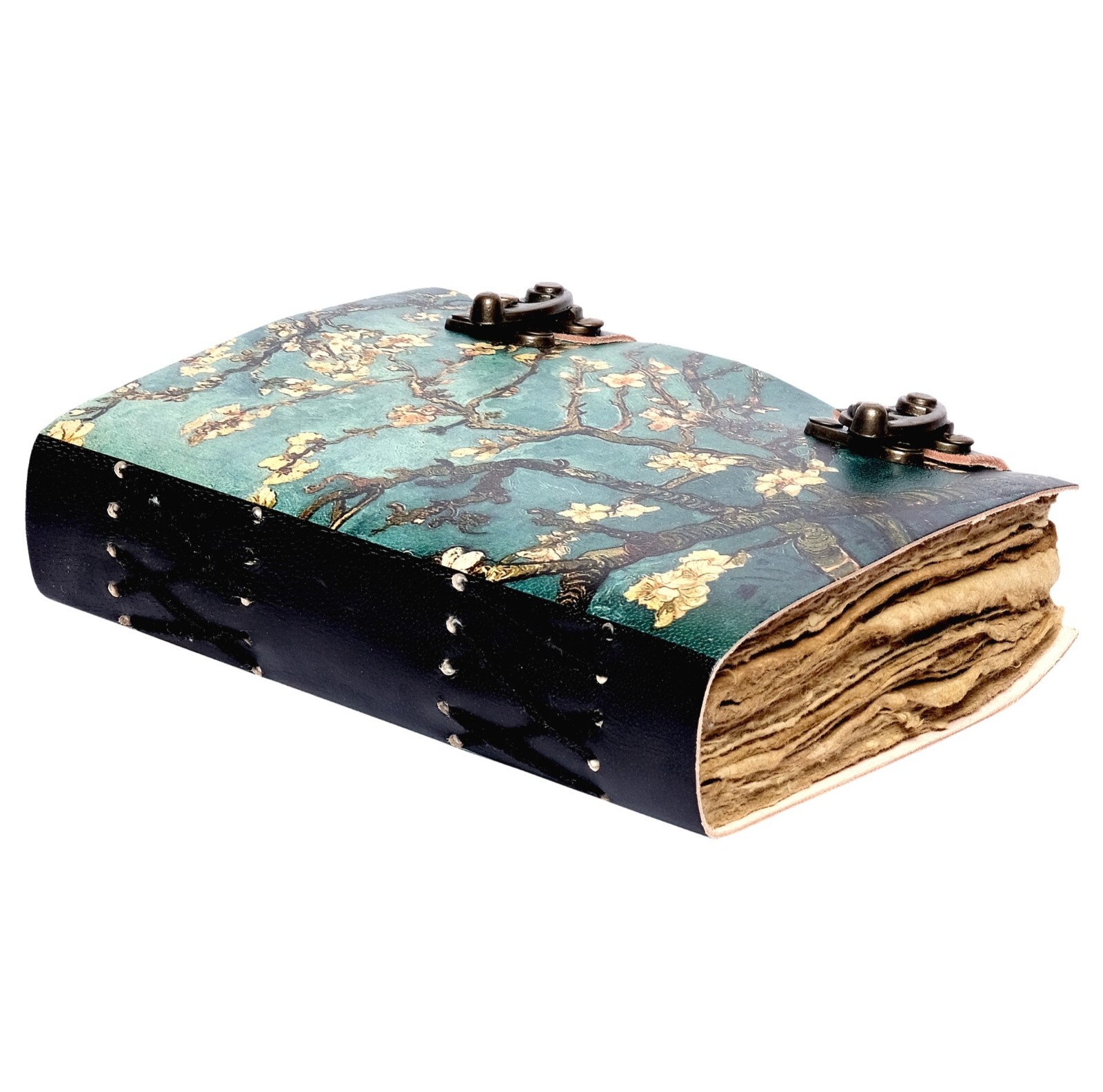 Handmade Leather Journal with Van Gogh Almond Blossom Floral Deckle Edge Design