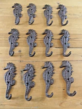 12 Cast Iron SEAHORSE Coat Hooks Hat Hook Rack Towel Nautical Beach Rustic Decor