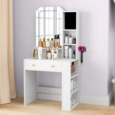 Small Makeup Vanity Desk w/ Mirror Adjustable Lights Jewelry Foam Storage Drawer