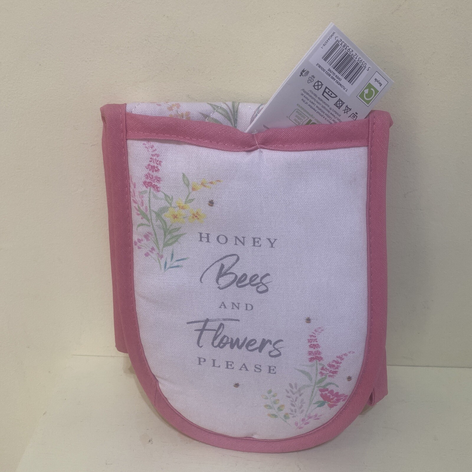 Tesco ‘Honey Bees and Flowers Please ‘ Double Oven Glove Pink with handy loop