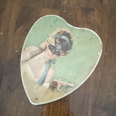 Tindeco Vintage Heart-Shaped Tin with Hinge Lid Victorian Lady Design
