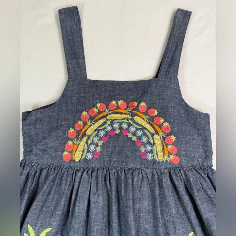GYMBOREE Girls 12 Embroidered Veggie Garden Rainbow Chambray Dress Cottagecore - Image 2 of 4