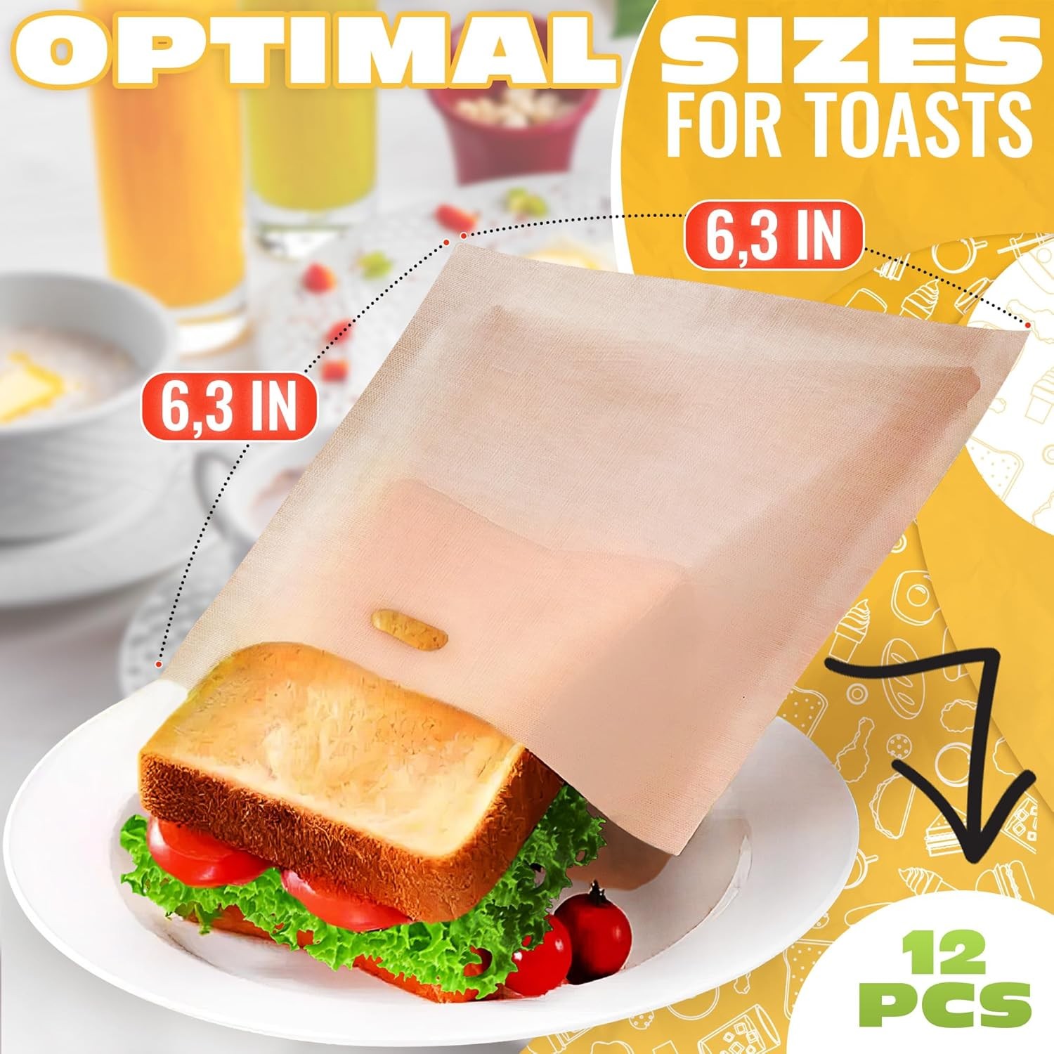 12Pcs Non-Stick Toaster Bags Reusable – 6.7"x7.5" Grilled Bags, Brown 