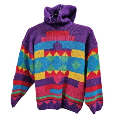 J.J. Poole Knit Hoodie USA Aztec Colorblock Pullover Rainbow Sweater Kidcore 90s