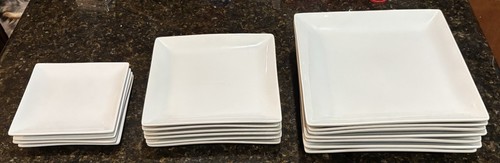 Crate & Barrel White Porcelain Square Plates Set 7 Dinner, 6 Salad, 4 Dessert