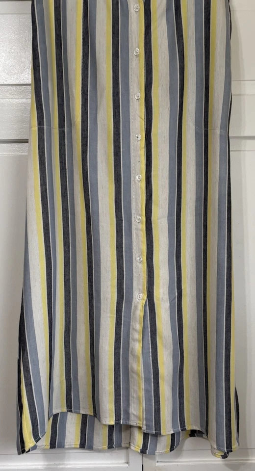 Falda midi Max Studio mezcla de lino botón frontal amarillo azul gris a rayas mediana Foto 4 de 4