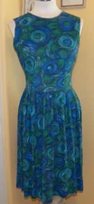 UNBRANDED 60'S MOD PLEATED SLEEVLESS FIT N FLARE CIRCLES DRESS VTG SIZE 16