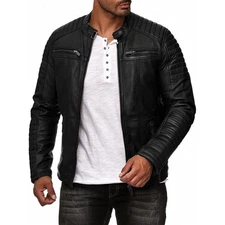Men's Cafe Racer Style Motorcycle Biker Genuine Sheepskin Soft Leather Jacket
