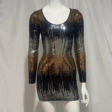 GUESS Long-Sleeve Sequined Bodycon Mini Dress Black/Gold/Silver Size Small