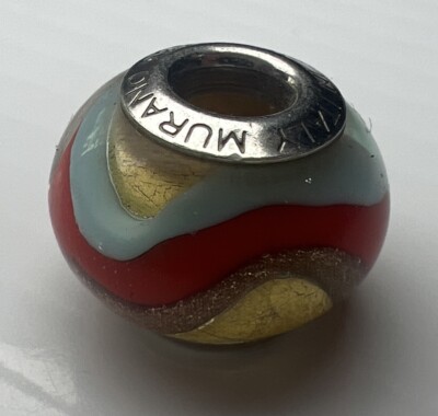 Murano Italy 925 Sterling Silver Glass Slide Bubble Bead Charm Orange Blue Swirl