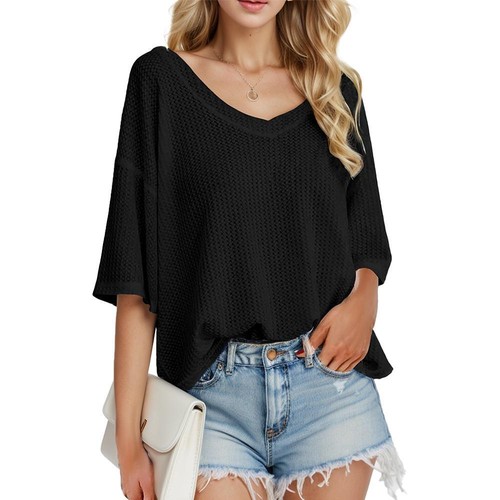 Womens V Neck Batwing Half Sleeve Shirts Waffle Knit Loose Blouse Solid Color - Picture 6 of 14