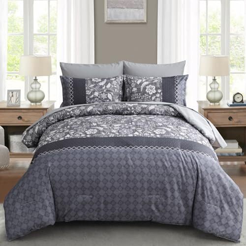 Comforter Set 7 Pieces Bed in a Bag Floral Geometric Patchwork Soft King Blue-image