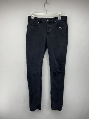 SOVEREIGN CODE JEANS MENS SIZE 31 SLIM FIT BUTTON FLY LOW RISE BLACK DISTRESSED