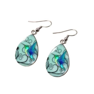 NEU Blau Kolibri Wassertropfen Form Glas Edelstahl Ohrhänger Haken Ohrringe
