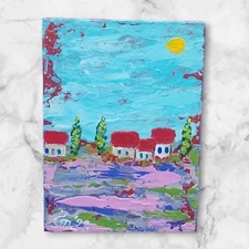 ACEO Tuscany 1 Village Cypresses Original Painting Lavender Gift Art Handmade