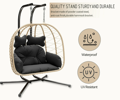 Double Swing Egg Chair Hammock Hanging Loveseat with Stand, UV Resistant - Black - Picture 2 of 5