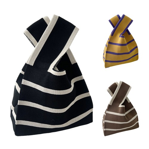 Women Fashion Knitted Handbags Mini Knot Wrist Bag Stripe Casual Shopping Bag - Picture 3 of 17