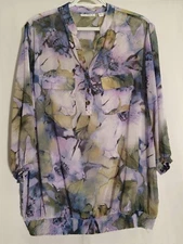 Susan Graver-Green Purple White Floral Semi-Sheer 3/4 Sleeve Blouson Top-XL