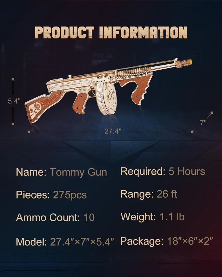 ROKR Thompson Submachinegun Model 3D Wooden Puzzle Mechanical Kit Teen Xmas Gift - Image 4 of 4