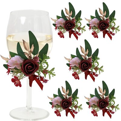 6Pcs Wine Cup Flower Set Dining Tables Plates Decorations，Burgundy Red Artifi...