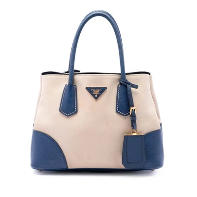 Prada Small Saffiano Cuir à finitions Toile Double Sac - Photo 1/4
