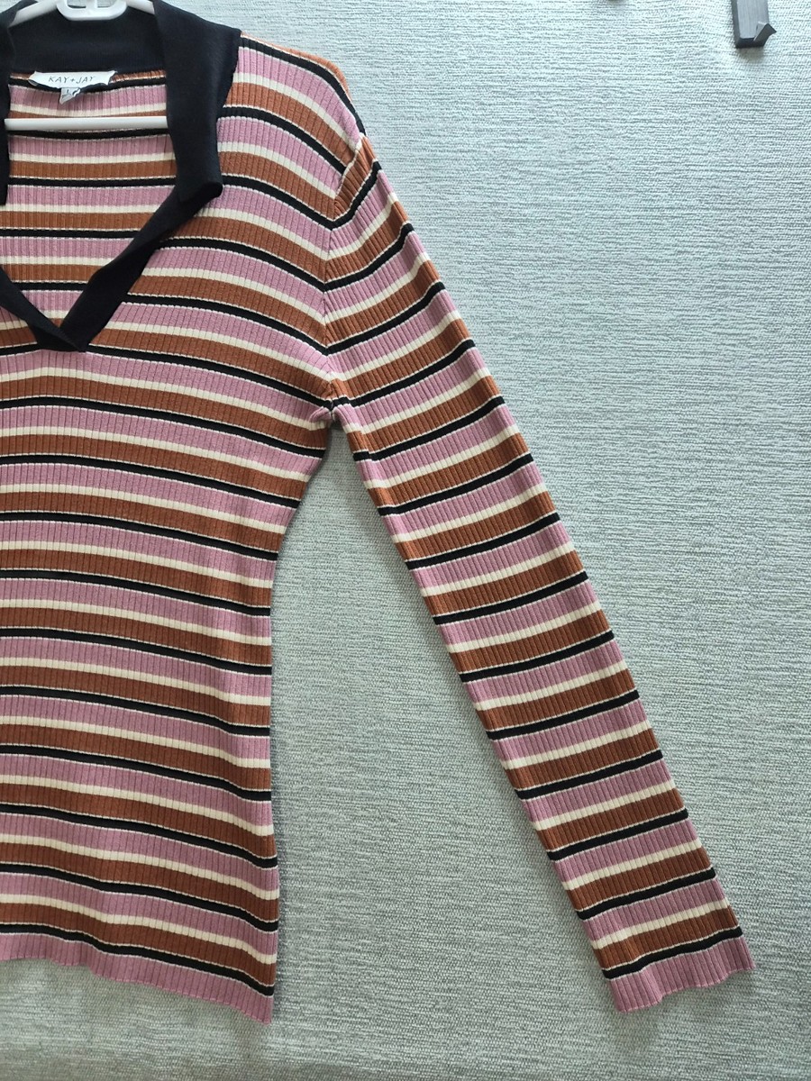 KAY+JAY Ribbed Top Womens Large Multicolor Striped Regular Fit Tight Knit V Neck View 6