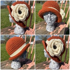 Crochet Flower Bucket Hat Cloche Sienna Cream Handmade Flapper Festival Boho