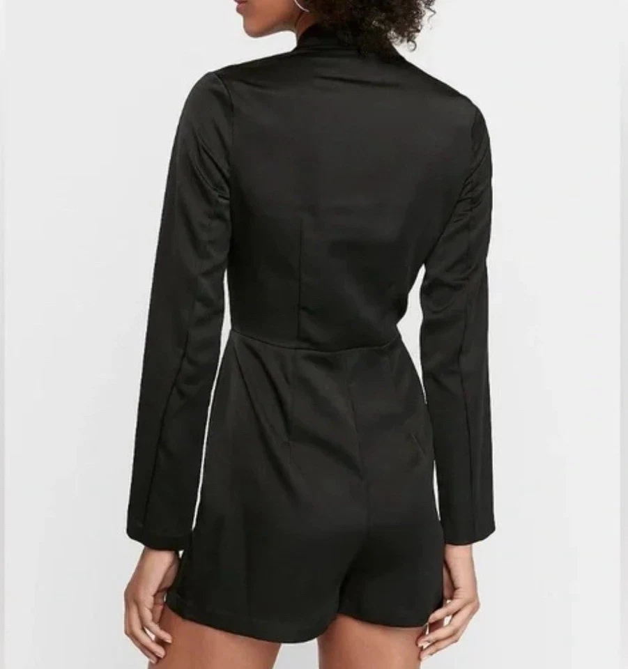Express Black Satin Wrap Front Holiday Party Blazer Romper Size M NWT! - Image 2 of 4