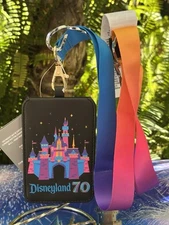 Disneyland 70th Celebration Ombre Lanyard w/Castle Card Slots & ID Badge NWT