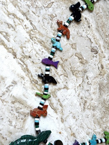 Collana Zuni Fetish Orso Corrente Argento Sterling e Pietra con Tartaruga Malachite - Foto 3 di 10