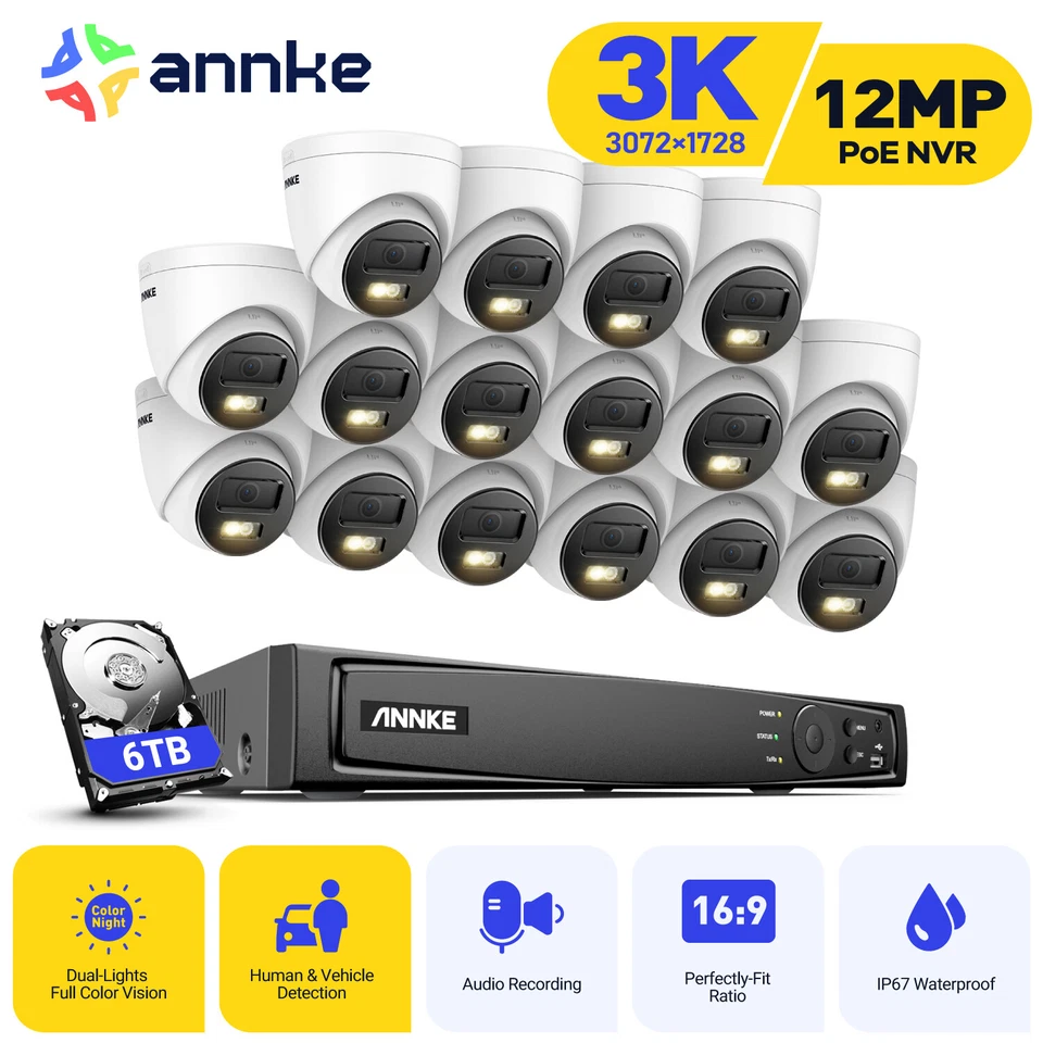 ANNKE 5MP Audio POE Security Camera System 8CH/16CH 12MP NVR Outdoor Color Night