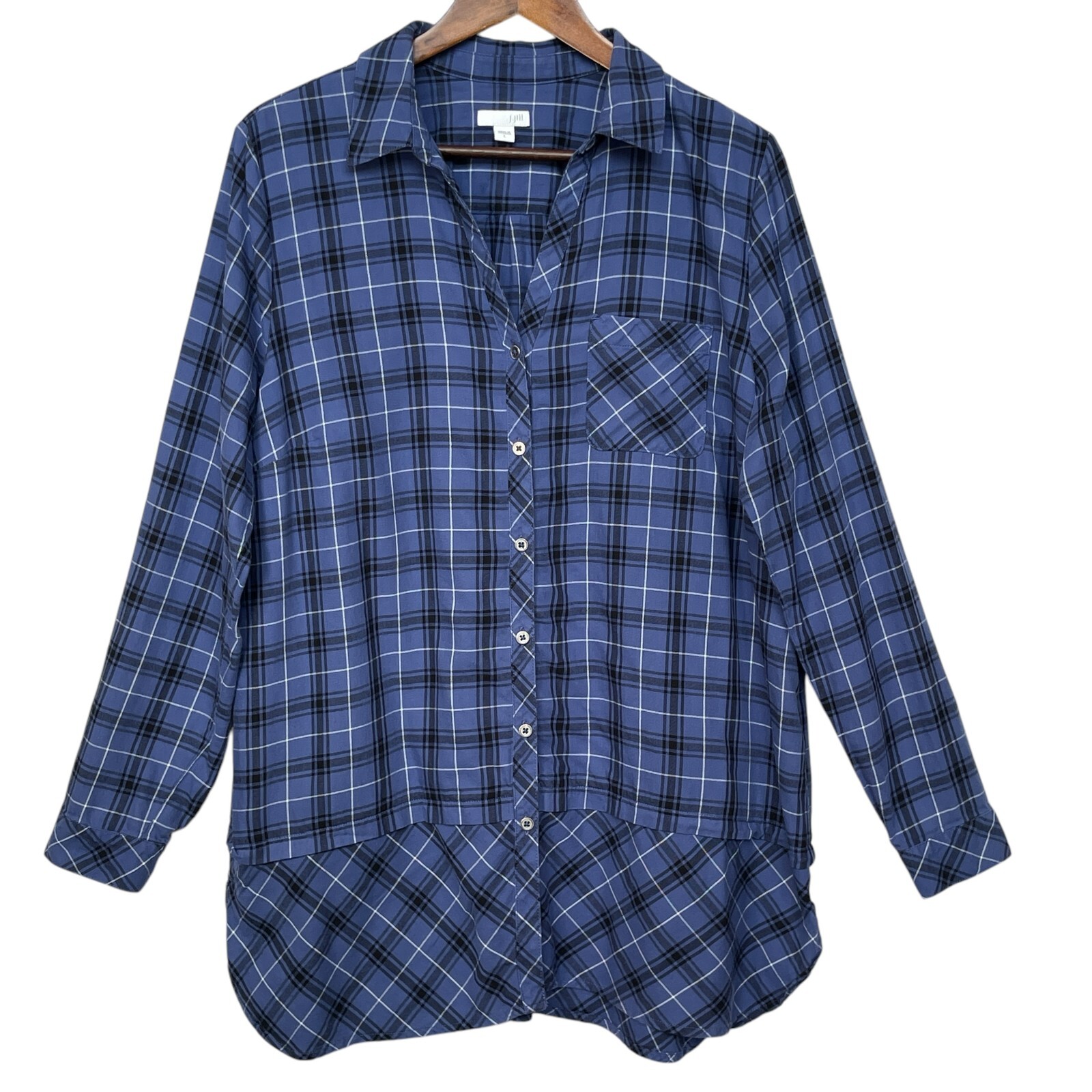 J.Jill Women Button Up Tunic Top Size L Blue Plaid 100% Cotton Peplum Hem