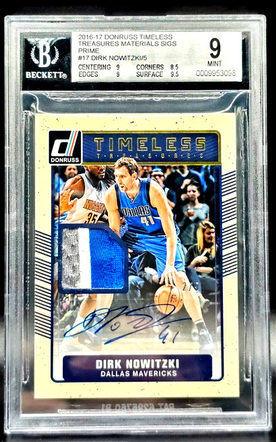 Dirk Nowitzki 16-17 Donruss Timeless 3 Color Prime Patch Auto 2/5 BGS 9 W 10 A